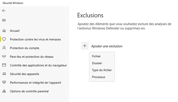 Exclure un fichier Windows Defender 